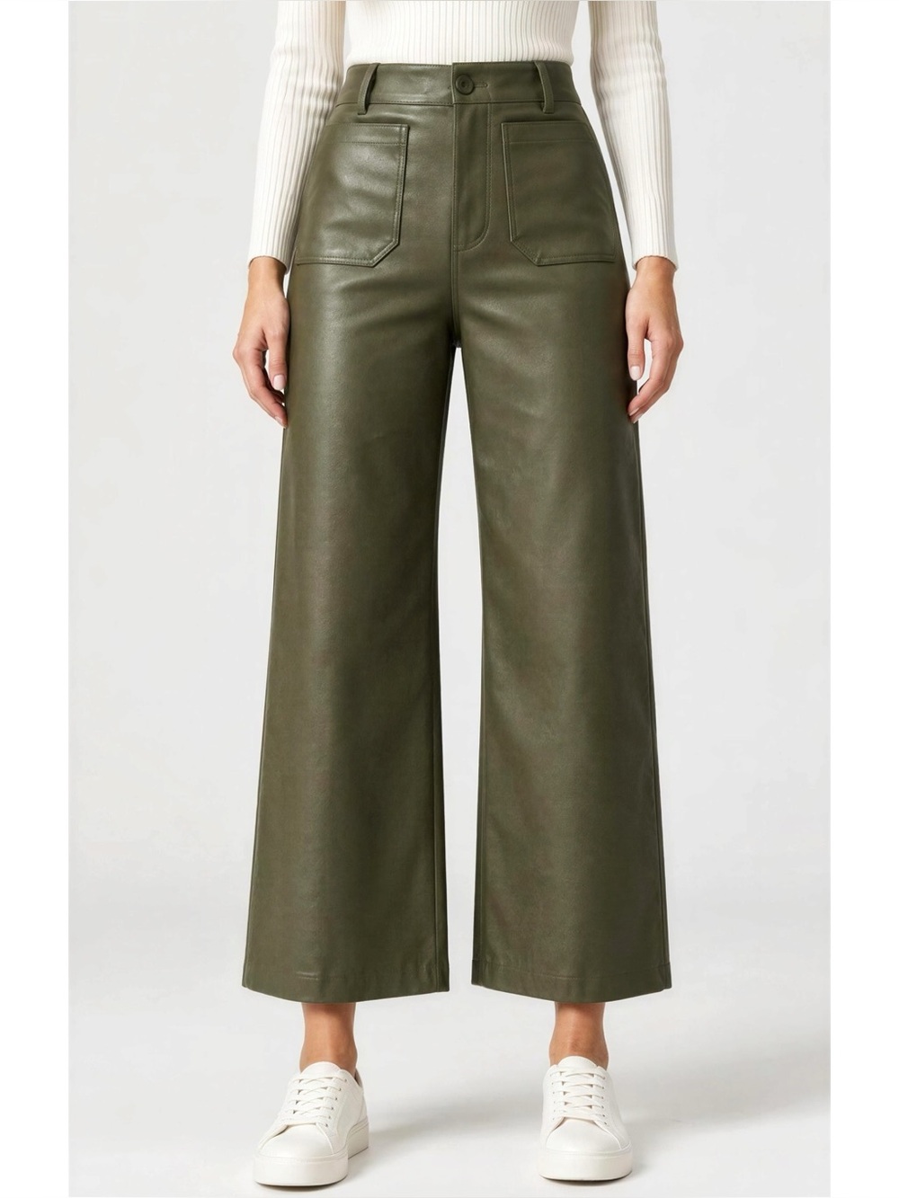 MAEVE x ANTHROPOLOGIE Colette Cropped Wide Leg Faux Leather Pants, Moss, 33T